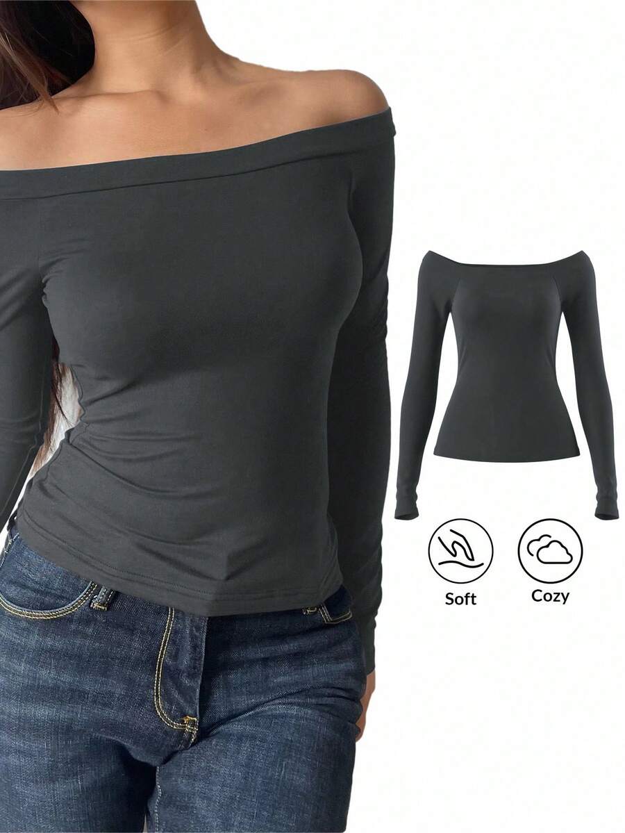 SHEIN BASICS 1 Áo thun dài tay hở vai màu trơn đơn giản dành cho nữ - Màu xám đen - Xem 1