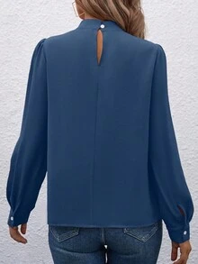 EMERY ROSE Áo sơ mi công sở tay dài cổ xếp ly màu trơn thanh lịch - Màu xanh lam - Xem 2