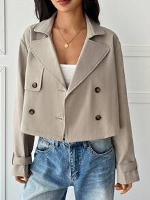 SHEIN PETITE 女款卡其色純色雙排扣短版夾克外套 秋季/教師節 辦公商務 經典優雅休閒 - 杏色 - 查看 2