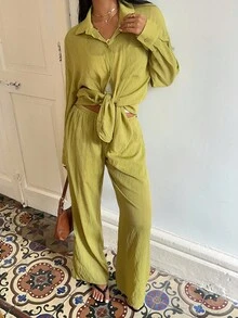 Sunnyshic 女士休闲亚麻混纺宽松纽扣衬衫和阔腿裤两件套，适合度假和日常穿着，秋冬季 - 軍綠色 - 查看 7