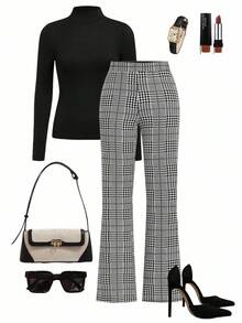 Ellevyn Autumn Elegant Women's Plaid Printed Elastic Knitted Pants, Versatile For Various Occasions Such As Summer Vacation, Elegant Travel, And Daily Commuting Gray Pants,Fall - Black and White - View 2