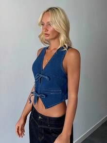 Aloruh Women's 70s Casual Slim Fit Denim Vest With Tie Strap, Bow, Women Tank Tops, Blue
