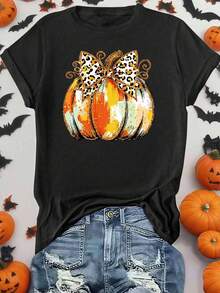 EMERY ROSE Plus Size Women Pumpkin & Leopard Print T-Shirt Halloween
