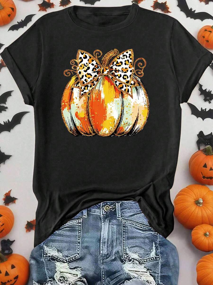 EMERY ROSE Plus Size Women Pumpkin & Leopard Print T-Shirt Halloween