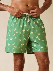 Manfinity Swimmode Men's Cherry Print Drawstring Casual Beach Shorts - Green - View 7