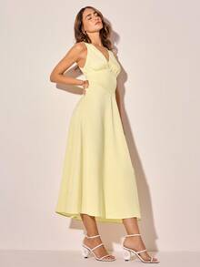 CAJUNI Women's Butter Yellow Satin Lace Patchwork Ruched Elegant Dress - Light Yellow - View 5
