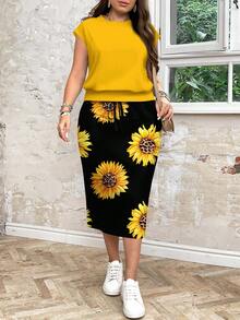 SHEIN LUNE 2 件套休闲向日葵印花宽松圆领大码女式上衣和裙子套装，适合秋冬季