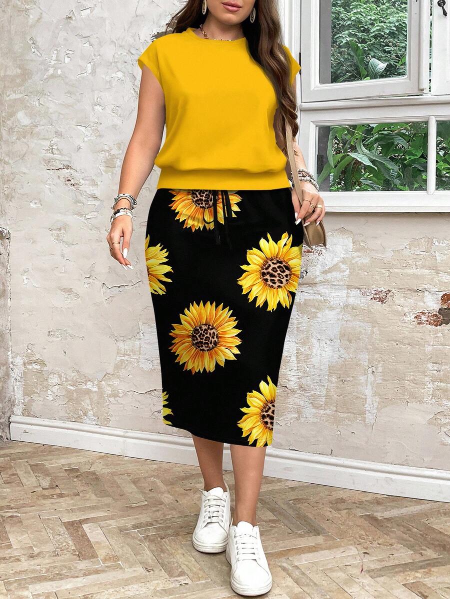 SHEIN LUNE 2 件套休闲向日葵印花宽松圆领大码女式上衣和裙子套装，适合秋冬季