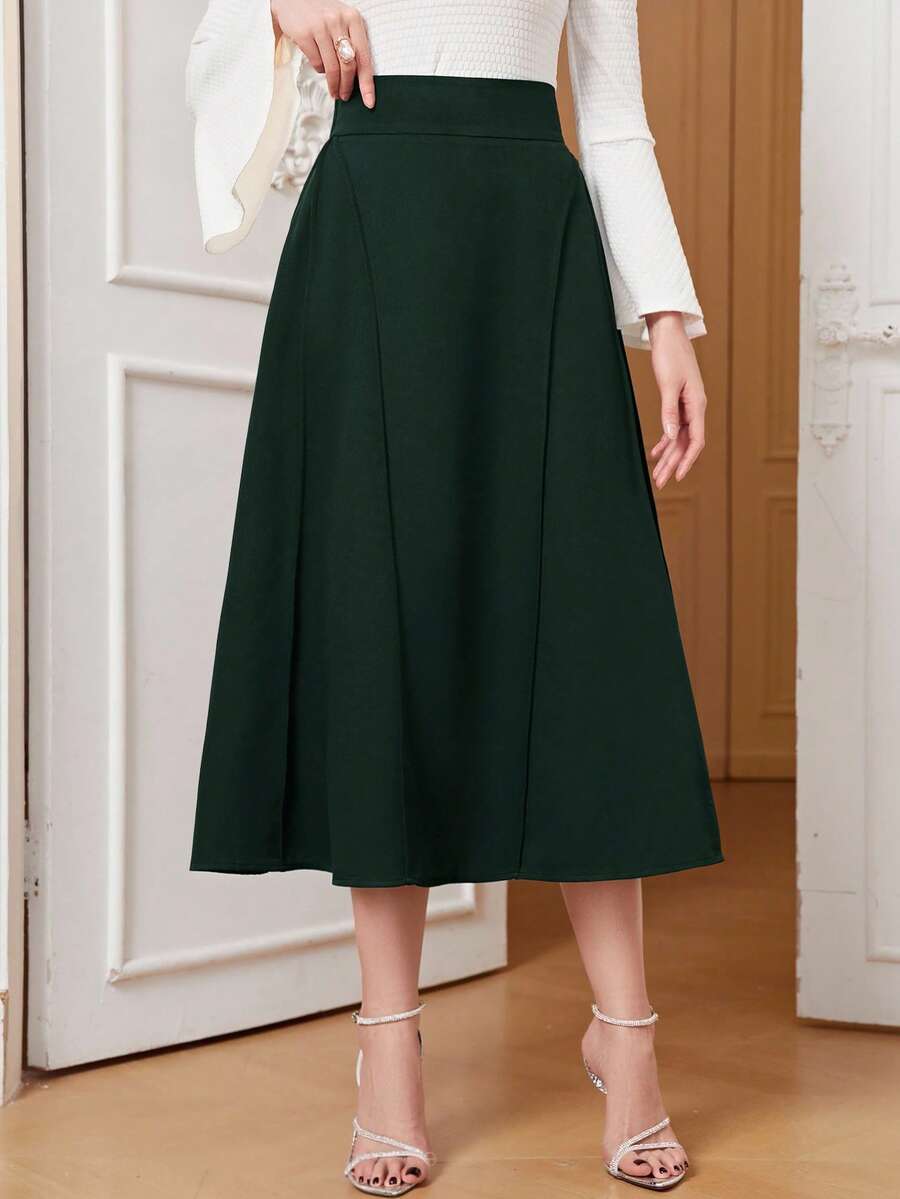 Modelyn Women's Elegant Minimalist Solid Color High Waist Back Zipper Flare Skirt - Dark Green - View 1