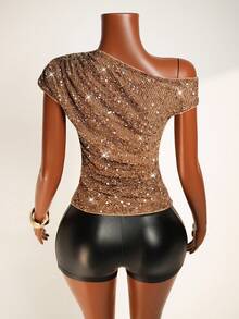 BamGleam Women's Sexy Sequin Embellished Asymmetric Shoulder Top, Autumn - Coffee Brown - View 2