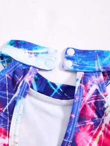 2pcs/Set Girls Colorful Print Off-Shoulder Long Sleeve Top And Tight Colorful Sports Shorts, Girls Clothing Set - Blue - View 5