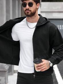 Manfinity Homme 男士口袋连帽拉链休闲纯色牛仔夹克连帽衫男朋友和丈夫男女通用舒适拉链黑色适合 OVERSIZE 外出，秋季 - 黑色 - 查看 7