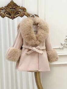 SHEIN 年轻女孩纯色休闲羊毛大衣，仿毛领，女士秋冬装