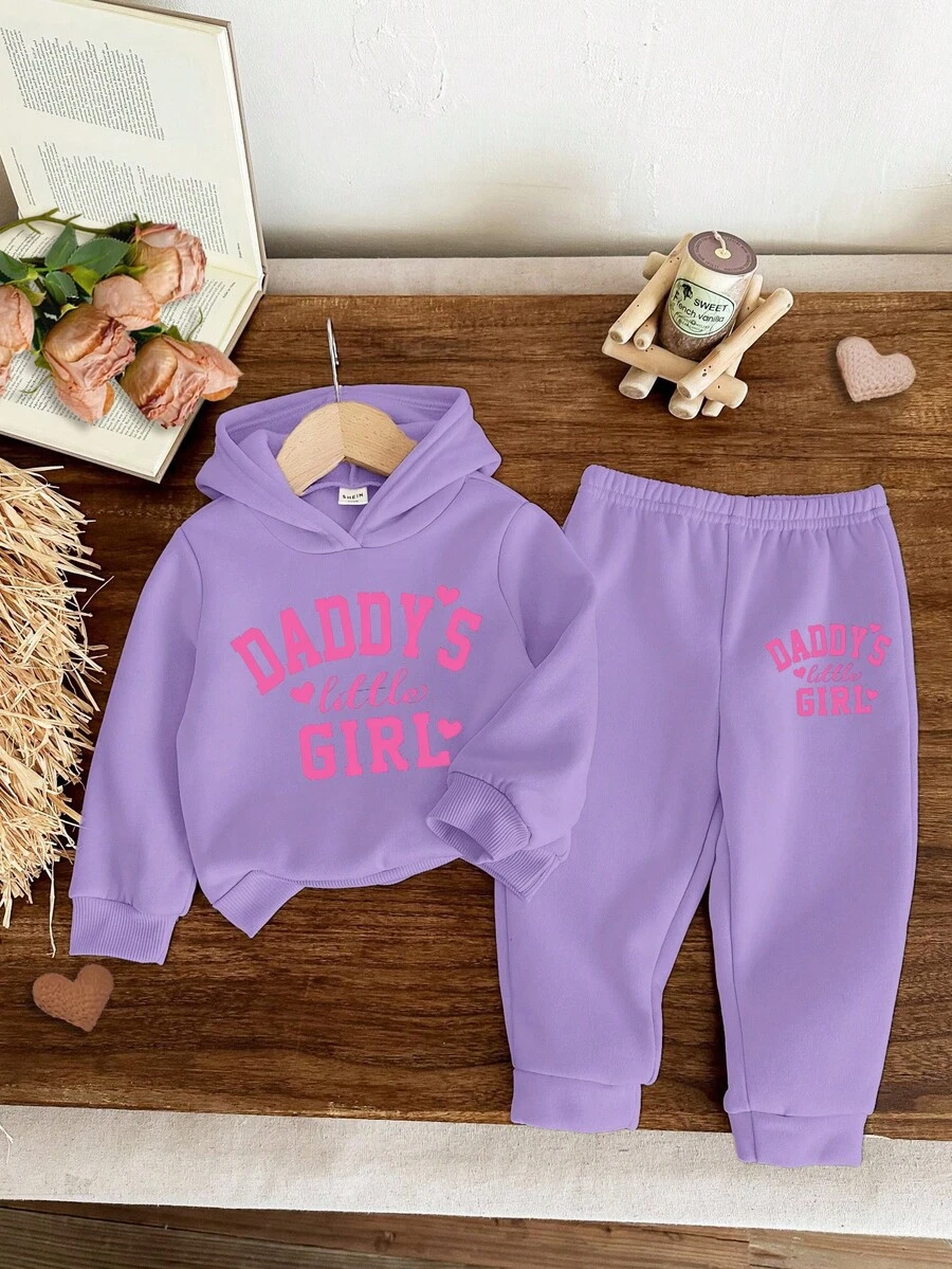 SHEIN 爸爸的小女孩❤女婴针织柔软连帽休闲宽松长袖运动衫和裤子两件套，紫色 - 紫色 - 查看 1
