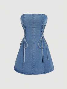 SHEIN MOD 女士休闲牛仔抹胸系带修身连衣裙 - 藍色 - 查看 1