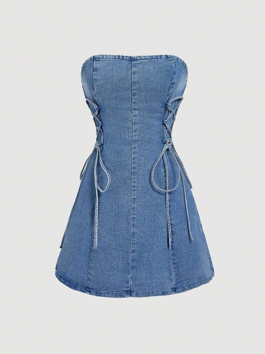 SHEIN MOD 女士休闲牛仔抹胸系带修身连衣裙 - 藍色 - 查看 1