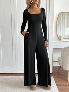 Easowa 2 件套：方领贴袋修身阔腿连体裤休闲宽松优雅办公室女士裤套装 - 黑色 - 查看 5