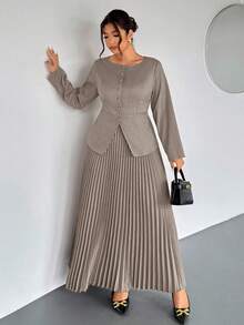 Firerie Plus Size Women Commuter New Faux Pocket Decor Boat Neck Khaki Valentine Office Chic Commuter Elegant High Street Long Sleeve Spring Autumn Blazer Jacket And Pleated Skirt Two Pieces Set Fall Clothes For Women Winter Clothes For Women New Fall Fashion Women