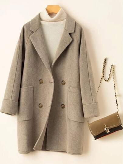 Linhara Plus Size Double-Breasted Casual Warm Overcoat, Autumn/Winter