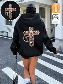 EMERY ROSE 女士水钻十字图案连帽长袖运动衫 - 黑色 - 查看 1