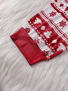 SHEIN 1 Set Merry Christmas Women's Pajamas - Red Long Sleeve Top With Decorative Christmas Tree Print, "Merry Christmas" Text In White Cursive Font, Contrasting Color Block Pants With Layered Christmas Tree & Snowflake Print. Stretchy, Breathable Knit Fabric, Machine Washable, Comfortable Fit, Easy Care. (4 Sets Sold Separately) Family Christmas Matching Pajamas Set, Fall Winter Clothes