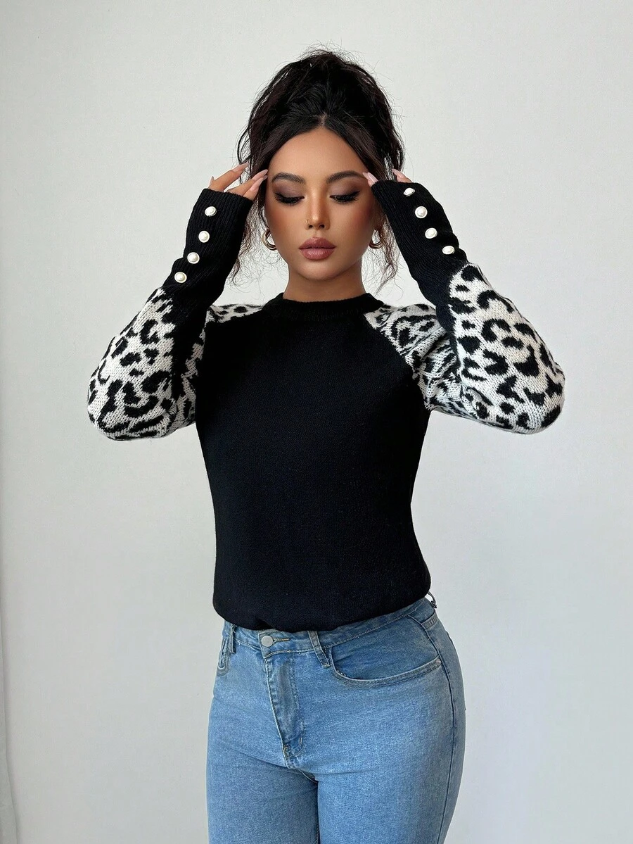 Elenzga Women's Fashionable Leopard Print Patchwork Pearl Button Raglan Sleeve Fitted Knit Sweater - Black - View 1