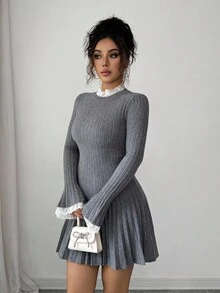 Elenzga Elegante abito-maglione da donna con maniche a sbuffo, vita stretta e linea ad A