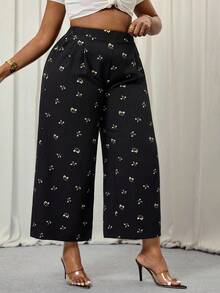 SHEIN PETITE CURVE Damen Große Größen Frühling und Sommer Mode Lässig Locker Bequem Kühle Tägliche Vielseitige Schwarze Kleine Blumen Textur Stoff Elastischer Bund Weite Bein Hose, Damen Unterteil, Weite Hose, Süßer Sommer, Europäischer Sommer, Urlaub, Flughafen für Frauen