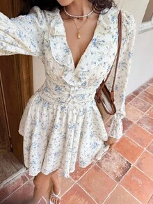 Serisse 女式优雅碎花荷叶边下摆束腰短款连衣裙，秋季 - 藍色 - 查看 1