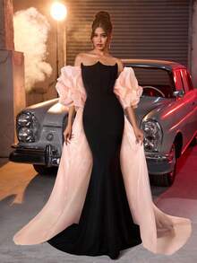 Glamrae 优雅撞色针织新颖不对称领口合身鱼尾下摆（可拆卸2件）撞色夸张3D荷叶边拖尾亮片装饰晚礼服 - 藕粉色 - 查看 4