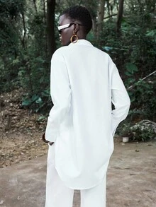 Lumivelle New Arrival French Style V-Neck Long Sleeve White Shirt Dress - White - View 2