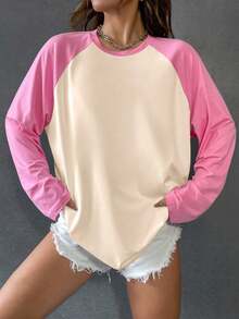 SHEIN Unity 拼色插肩袖 T 恤 图案 T 恤 女式上衣 - 淺粉色 - 查看 6