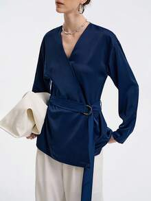 Aalyst Áo khoác cardigan dài tay cổ chữ V cao cấp, thời trang thanh lịch, phong cách retro, quyến rũ, giản dị, có thắt lưng, khóa eo, chất liệu satin trơn - Màu xanh hải quân - Xem 6