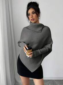 Elenzga Women's Asymmetrical Bat-Wing Hem Solid Color Turtleneck Classic Knit Sweater, Fashionable & Versatile For Holidays & Vacation, Autumn/Winter