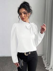 Rafferiza 女士纯色优雅百搭系带领泡泡袖衬衫 - 白色 - 查看 3