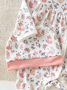 新生儿柔软舒适薄款连体衣，男婴/女婴可爱兔子、狐狸、花卉全身印花、正面蝴蝶结装饰、长袖连脚连体衣（带帽子），2 件套，婴儿爬行服和家居服 - 粉色 - 查看 7