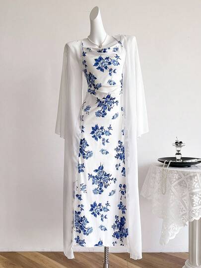 SHEIN Sweetra Young 2pcs Set Teen Girls Casual Elegant Vacation Ditsy Floral Camisole Dress & Chiffon Long Cardigan Dresses For Party