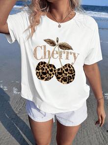 Veykashi 加大码豹纹和樱桃图案圆领短袖宽松T恤，加大码，略显透明，夏季