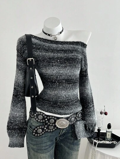 Elamini 1pc Women's Unique Oblique Shoulder Colorblock Striped Lurex Waist Fitted Flare Sleeve Knit Sweater, Fashionable & Casual, Autumn/Winter