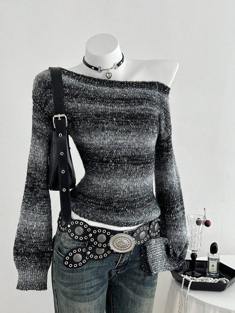 Elamini 1pc Women's Unique Oblique Shoulder Colorblock Striped Lurex Waist Fitted Flare Sleeve Knit Sweater, Fashionable & Casual, Autumn/Winter - Black - View 1