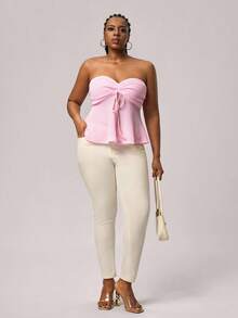 SHEIN Tall CURVE 大码粉色条纹针织抽绳抹胸，四季皆宜 - 彩色 - 查看 6