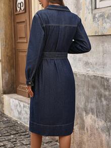 EMERY ROSE Váy denim tay dài thắt nút cổ điển màu xanh đậm cho nữ - Màu xanh lam - Xem 2