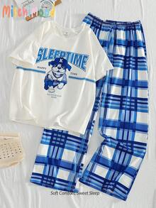 2Pcs/Set Casual Simple White Wide-Leg Short Sleeve Top & Dog Printed Pants Home Wear Suit For Teenage Boys - White - View 1