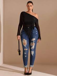 SHEIN BAE Plus Size Washed Ripped Jeans, Fall Women Clothes - Blue - View 1