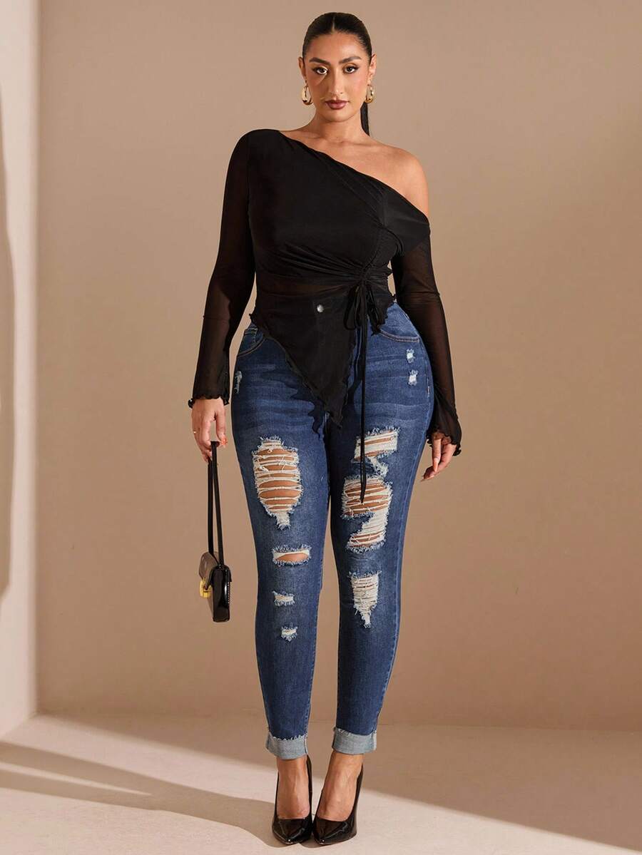 SHEIN BAE Plus Size Washed Ripped Jeans, Fall Women Clothes - Blue - View 1