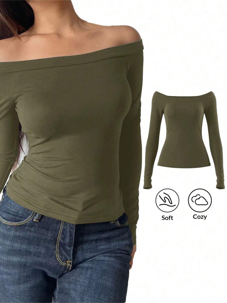 SHEIN BASICS 1pc Women's Casual Solid Color Off Shoulder Long Sleeve Fitted Blouse,Fall - Army Green - View 1