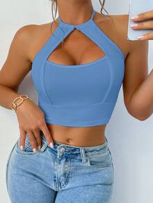 SHEIN Foxxy 镂空设计挂脖背心 - 藍色 - 查看 3