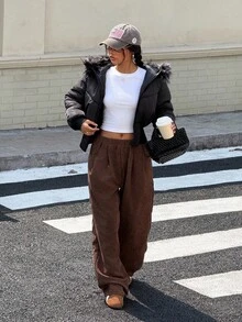 SHEIN Teen Girls Black Winter Streetwear Basic Quilted Coat With Flannelette Hat,Street Fashion Sports Travel, Suitable For Autumn And Winter,Back To School Season Black Jacket Teen Girl Cropped Puffer Jacket Fall - Black - View 4