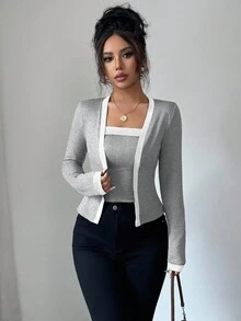 Everyssa Ensemble 2 pièces de veste et gilet élégant en tricot patchwork pour femmes, pour le printemps/automne - Multicolore - Voir 5