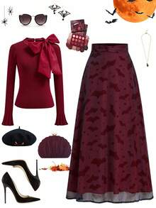 Ellevyn Halloween Bat Print Skirt, Comfortable And Easy To Wear,Halloween ,Brown   Burgundy - Multicolor - View 2